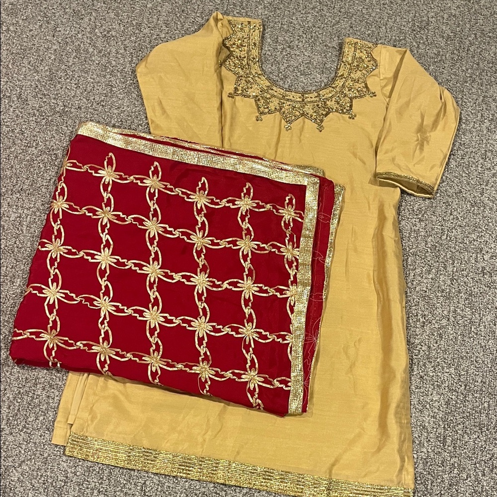 Gold Embellished Dress with Red Scarf